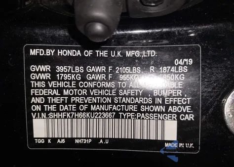 2019 Honda Civic Ex z USA, uszkodzony, nr VIN SHHFK7H66KU223667